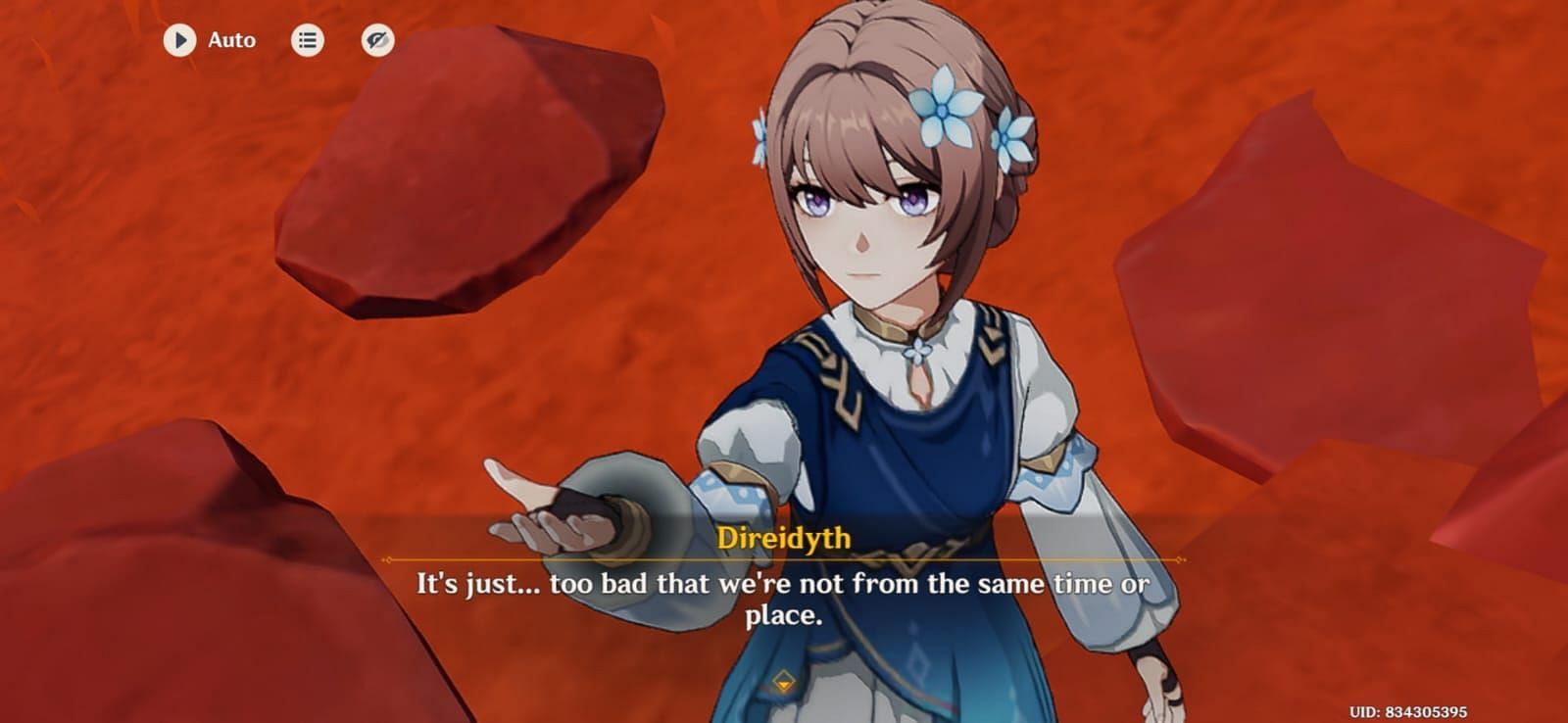 Direidyth realising they are not from the same timeline (Image via HoYoverse)